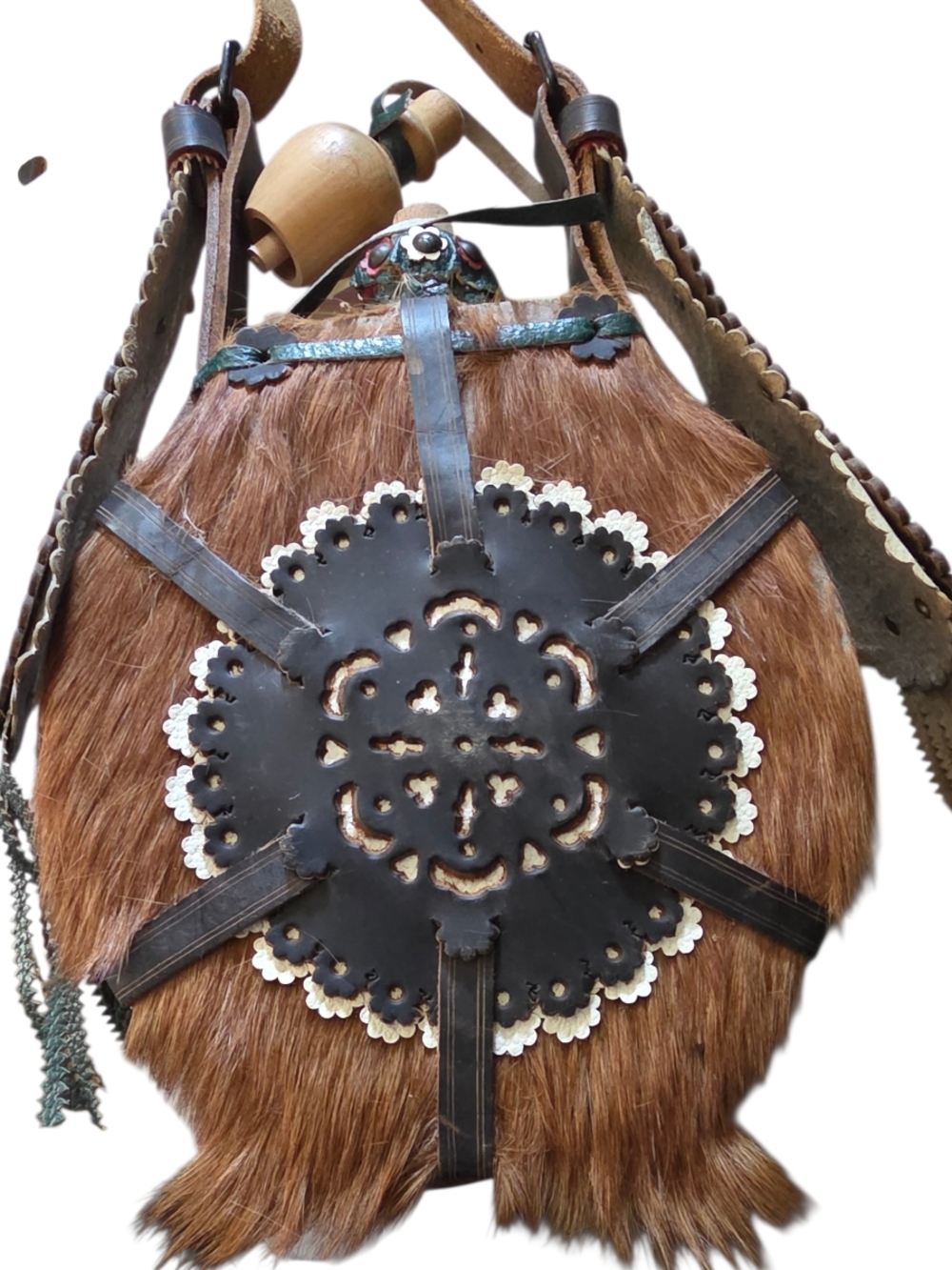 Vintage Brown Leather and Fur Wall Pouch with Black Medallion